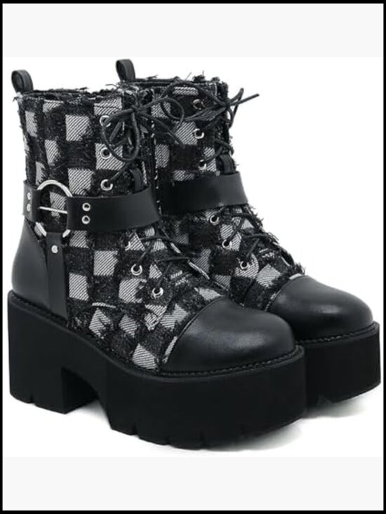 Shoes - Platform Ankle Boots Chunky Heel Goth Lace Up Combat Booties Y2K Motorcycle